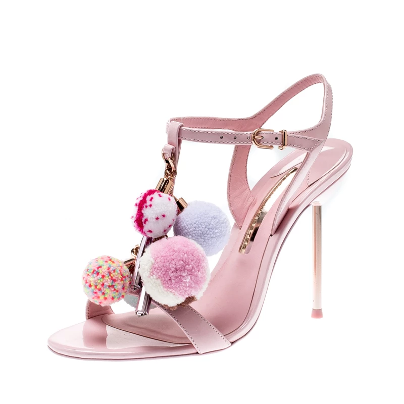 Sophia Webster Pale Pink Layla Pom Pom Embellished T-Strap Sandals Size 38 For Women