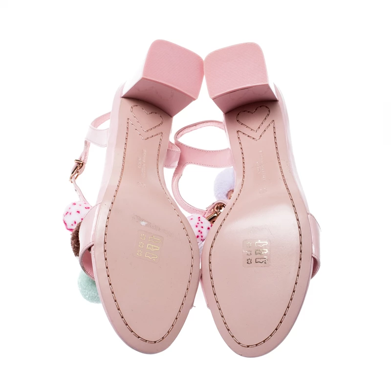 Sophia Webster Pale Pink Patent Leather Jada T Strap Pom Pom Sandals Size 38 For Women - Image 6