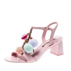 Sophia Webster Pale Pink Patent Leather Jada T Strap Pom Pom Sandals Size 38 For Women