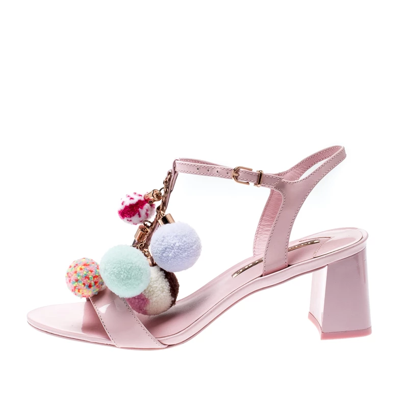 Sophia Webster Pale Pink Patent Leather Jada T Strap Pom Pom Sandals Size 38 For Women - Image 2