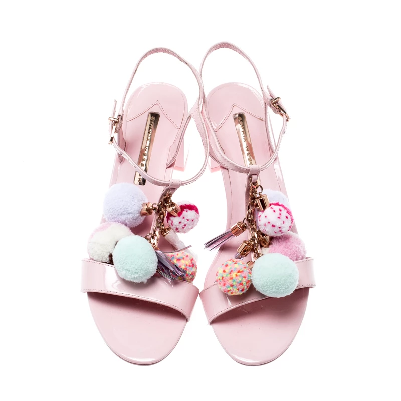Sophia Webster Pale Pink Patent Leather Jada T Strap Pom Pom Sandals Size 38 For Women - Image 3