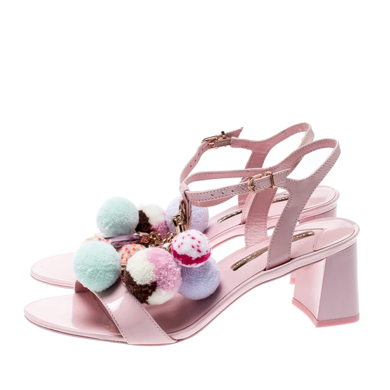 Sophia Webster Pale Pink Patent Leather Jada T Strap Pom Pom Sandals Size 38 For Women - Image 4