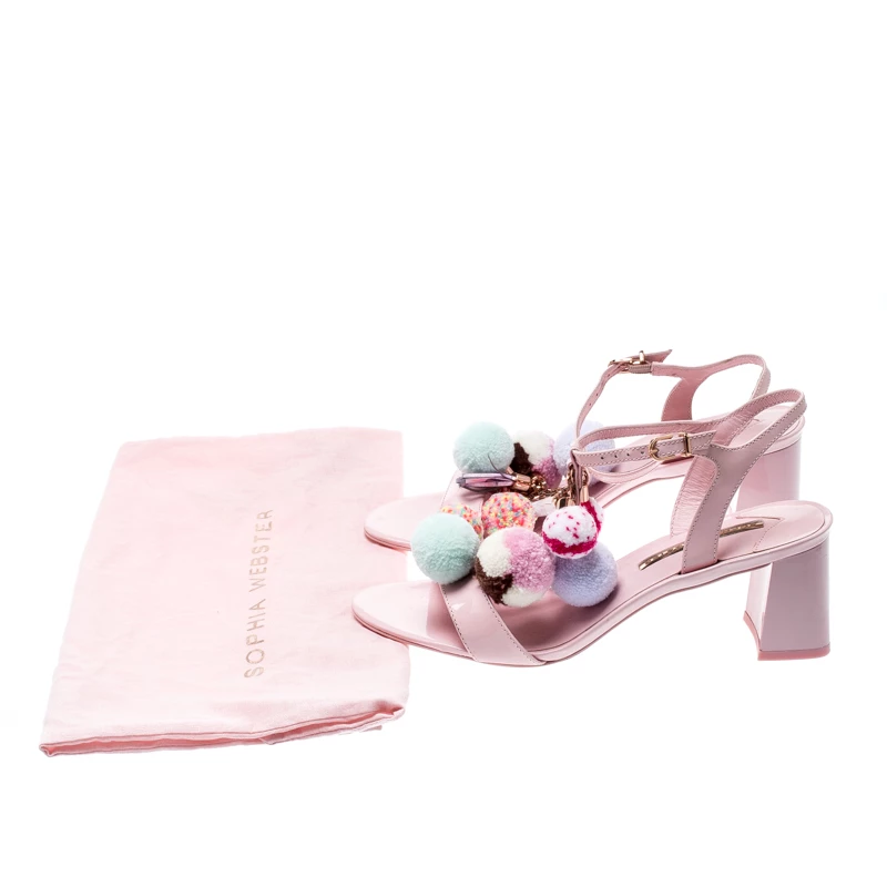 Sophia Webster Pale Pink Patent Leather Jada T Strap Pom Pom Sandals Size 38 For Women - Image 8