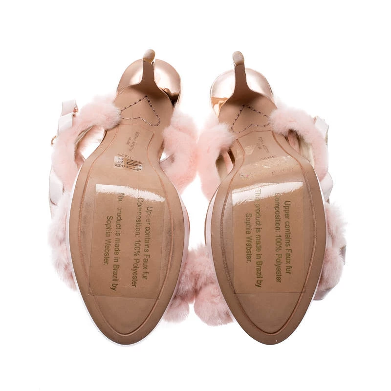 Sophia Webster Pink Faux Fur And Leather Bella Bow Embellished Ankle Strap Sandals Size 39 For Women - Image 6