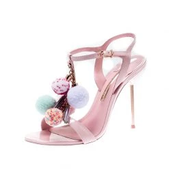Sophia Webster Pink Leather Layla Pom Pom Embellished T-Strap Sandals Size 39 For Women