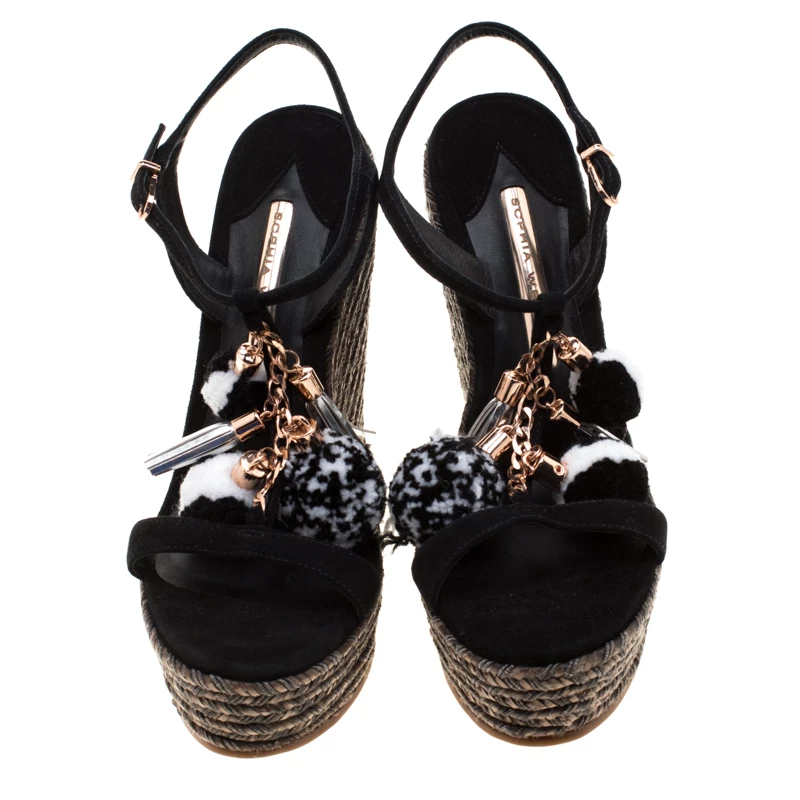 Sophia Webster Black Suede Pom Pom Lucita Espadrille Wedge Size 37.5 For Women - Image 3