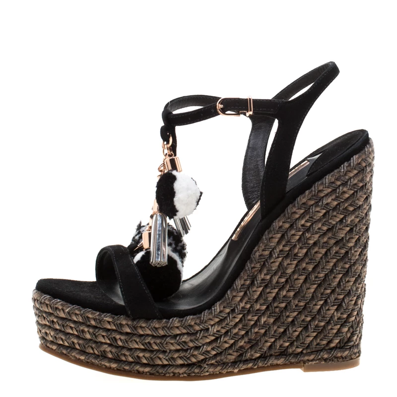 Sophia Webster Black Suede Pom Pom Lucita Espadrille Wedge Size 37.5 For Women - Image 2