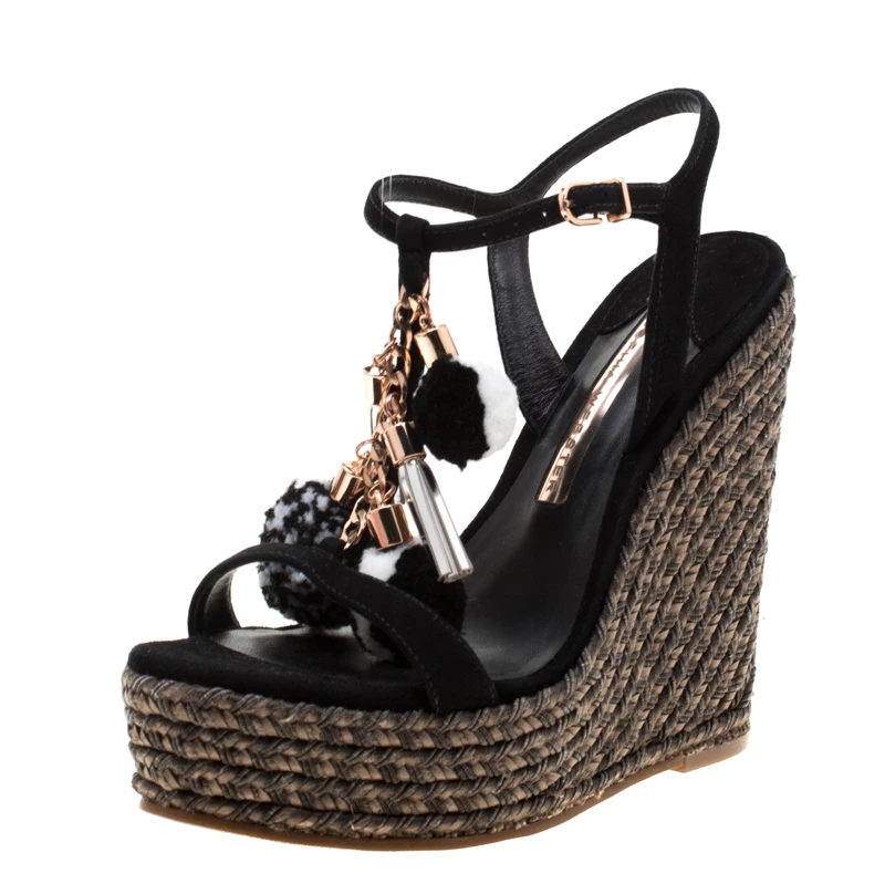 Sophia Webster Black Suede Pom Pom Lucita Espadrille Wedge Size 37.5 For Women