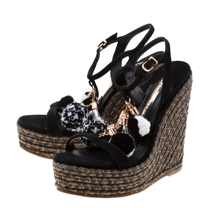 Sophia Webster Black Suede Pom Pom Lucita Espadrille Wedge Size 37.5 For Women - Image 4