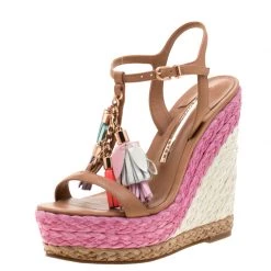 Sophia Webster Brown Leather Lucita Tassel Detail Espadrille Wedge Sandals Size 35.5 For Women