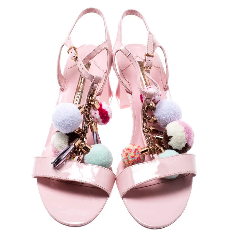 Sophia Webster Light Pink Patent Leather Jada T Strap Pom Pom Sandals Size 41 For Women - Image 3