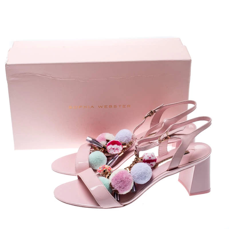 Sophia Webster Light Pink Patent Leather Jada T Strap Pom Pom Sandals Size 41 For Women - Image 8