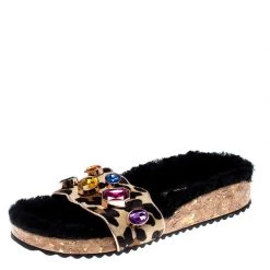 Sophia Webster Beige Leopard Print Calf Hair Crystal Embellished Slides Size 39.5 For Women