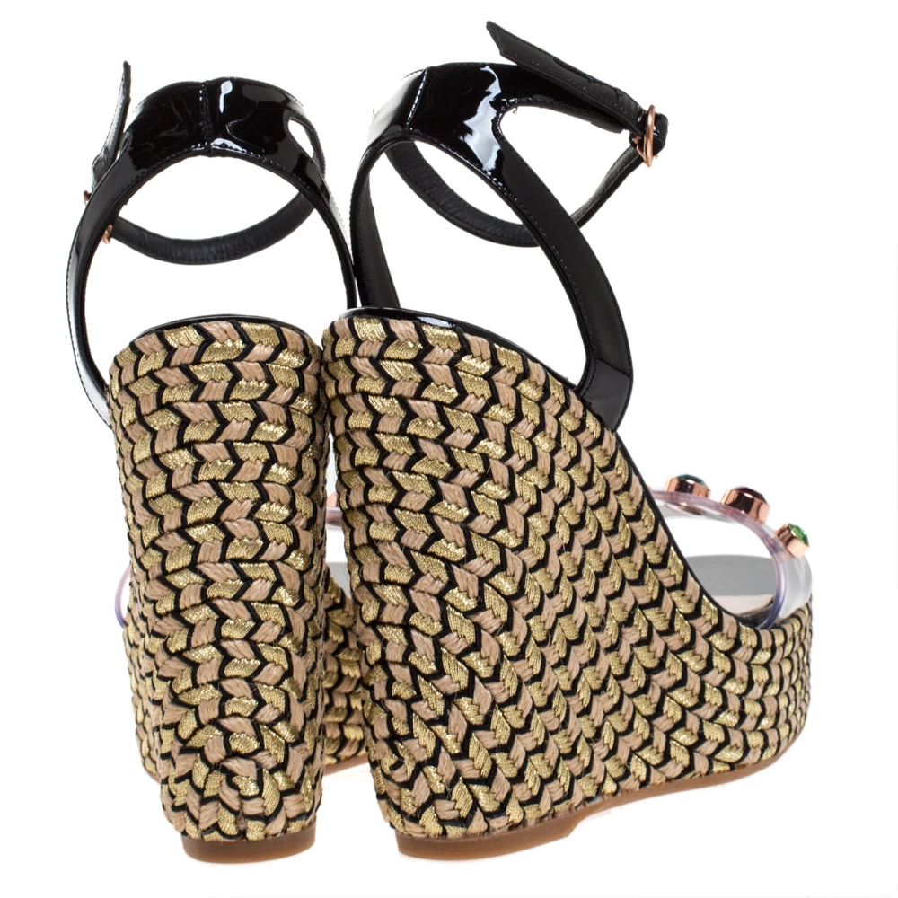 Sophia Webster Black Patent Leather And PVC Crystal Studded Wedge Espadrille Platform Ankle Strap Sandals Size 37 For Women - Image 5
