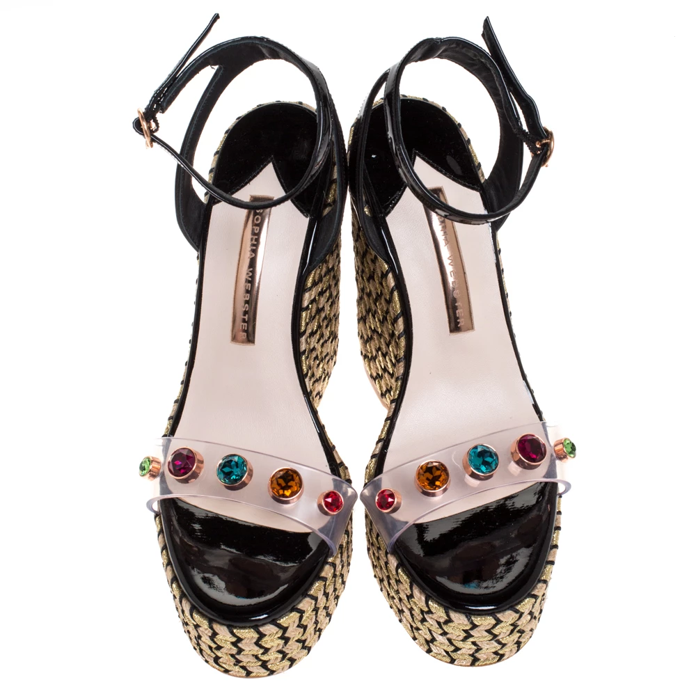 Sophia Webster Black Patent Leather And PVC Crystal Studded Wedge Espadrille Platform Ankle Strap Sandals Size 37 For Women - Image 3