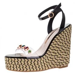 Sophia Webster Black Patent Leather And PVC Crystal Studded Wedge Espadrille Platform Ankle Strap Sandals Size 37 For Women