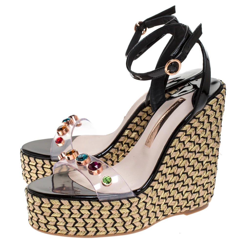 Sophia Webster Black Patent Leather And PVC Crystal Studded Wedge Espadrille Platform Ankle Strap Sandals Size 37 For Women - Image 4
