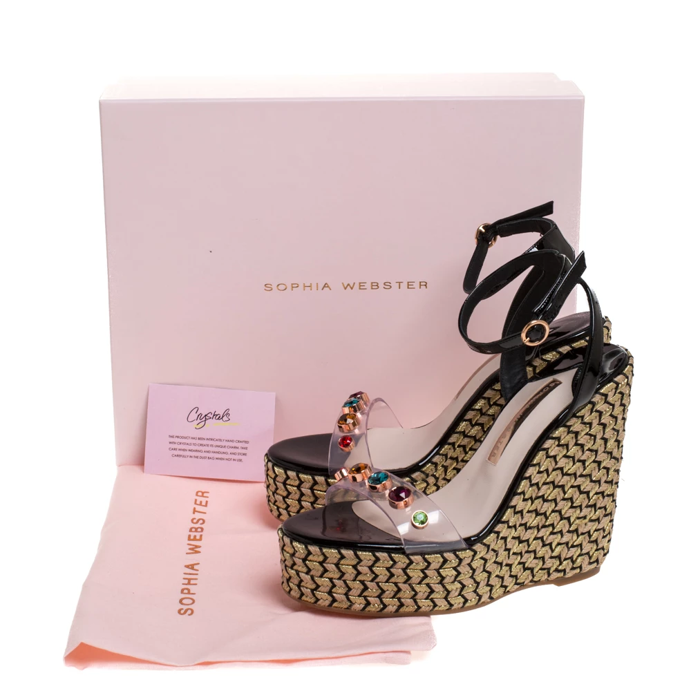 Sophia Webster Black Patent Leather And PVC Crystal Studded Wedge Espadrille Platform Ankle Strap Sandals Size 37 For Women - Image 8