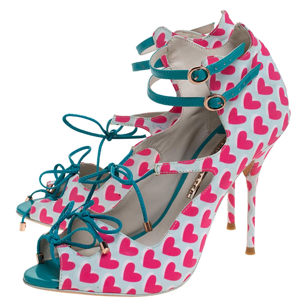 Sophia Webster Pink/Multicolor Heart Print Nylon Sandals Size 39.5 For Women - Image 4