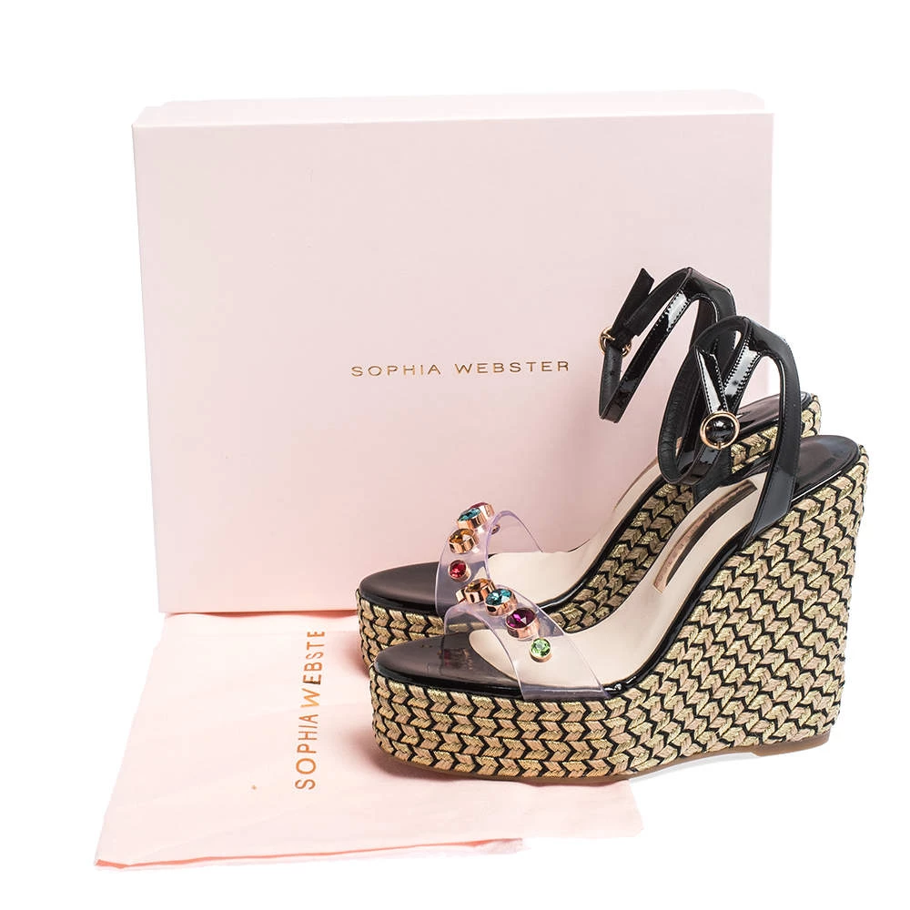 Sophia Webster Black Patent Leather And PVC Dina Crystal Studded Wedge Espadrille Platform Ankle Strap Sandals Size 39 For Women - Image 8