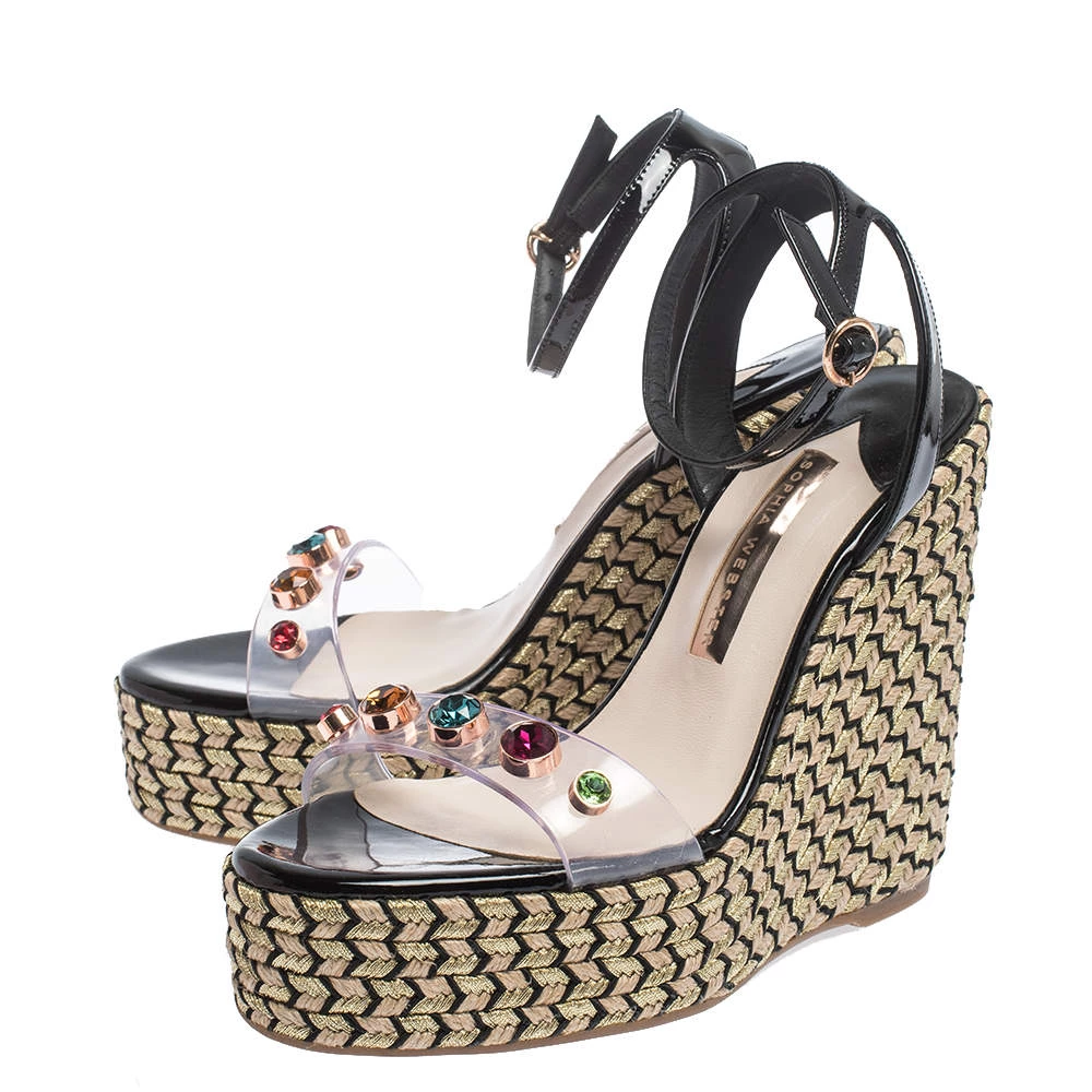 Sophia Webster Black Patent Leather And PVC Dina Crystal Studded Wedge Espadrille Platform Ankle Strap Sandals Size 39 For Women - Image 4