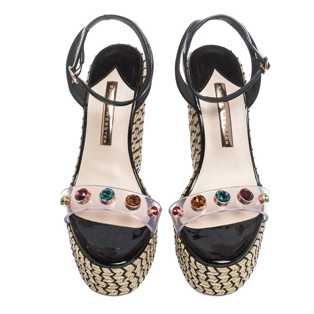 Sophia Webster Black Patent Leather And PVC Dina Crystal Studded Wedge Espadrille Platform Ankle Strap Sandals Size 39 For Women - Image 3