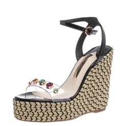 Sophia Webster Black Patent Leather And PVC Dina Crystal Studded Wedge Espadrille Platform Ankle Strap Sandals Size 39 For Women