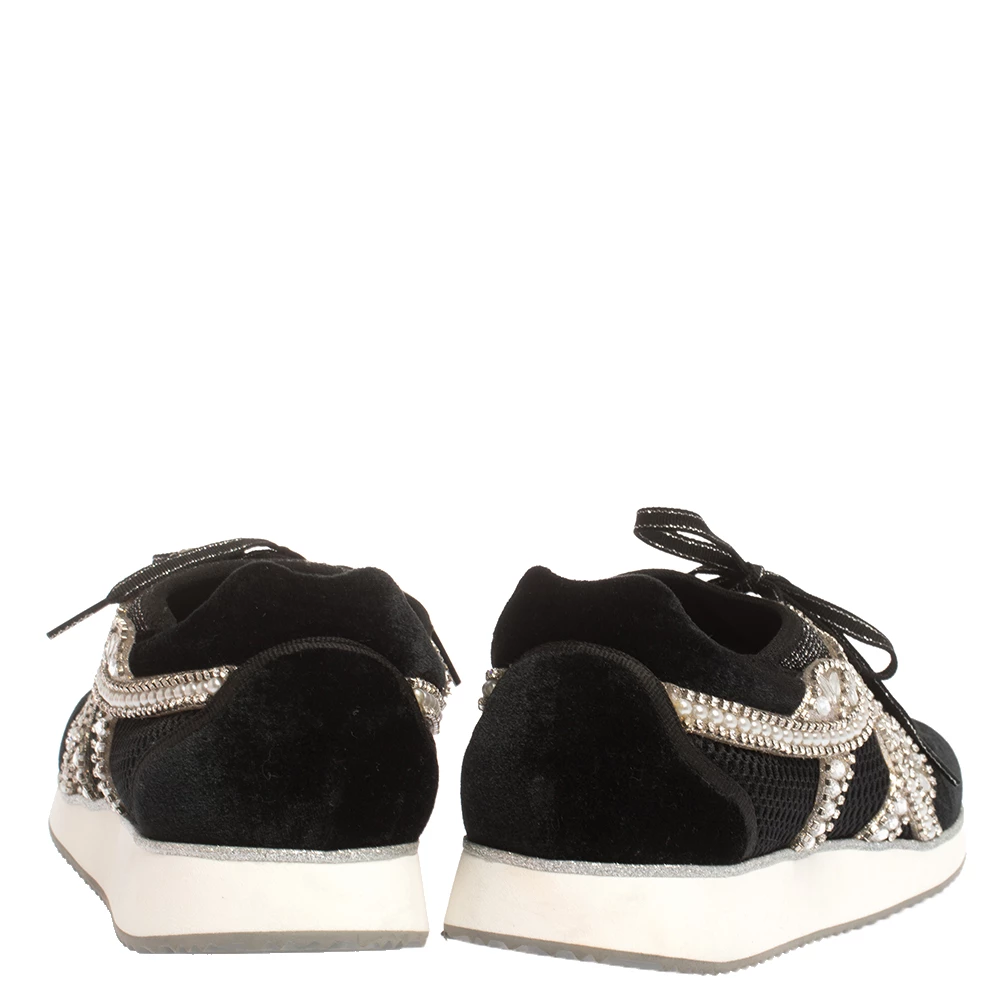 Sophia Webster Black Velvet/Mesh And Embellishment Royalty Low Top Sneakers Size 41 For Women - Image 5