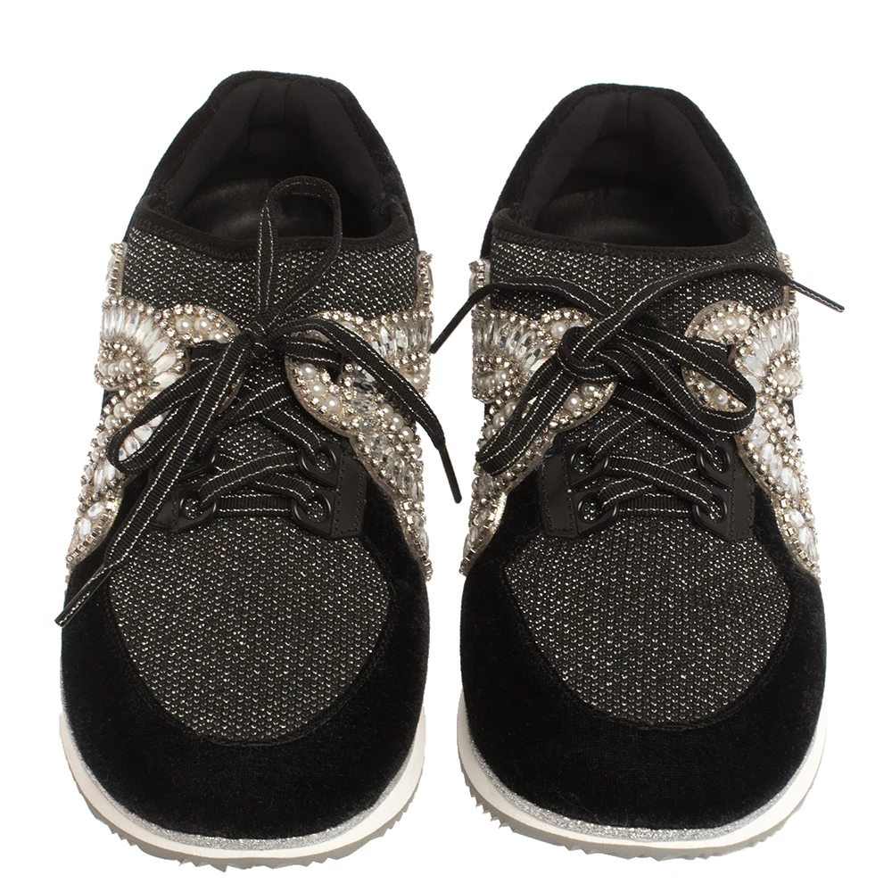 Sophia Webster Black Velvet/Mesh And Embellishment Royalty Low Top Sneakers Size 41 For Women - Image 3