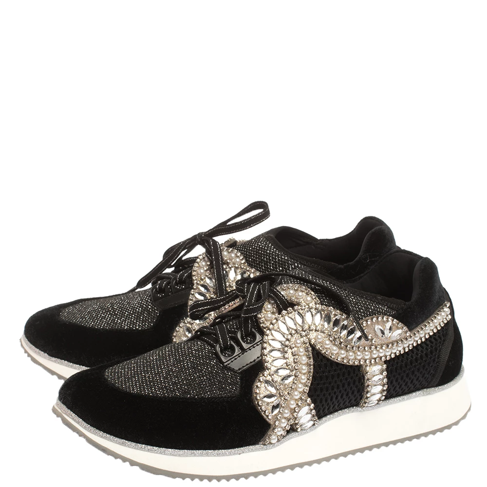 Sophia Webster Black Velvet/Mesh And Embellishment Royalty Low Top Sneakers Size 41 For Women - Image 4
