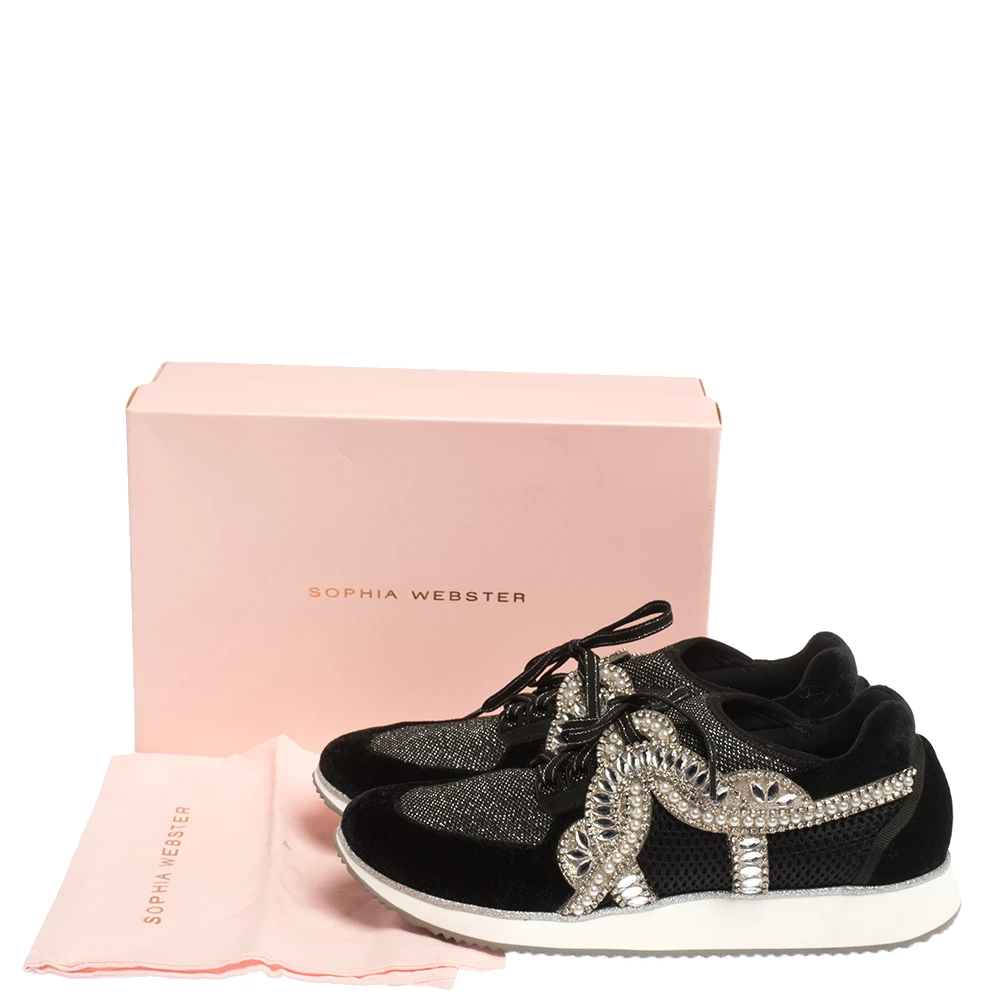 Sophia Webster Black Velvet/Mesh And Embellishment Royalty Low Top Sneakers Size 41 For Women - Image 8
