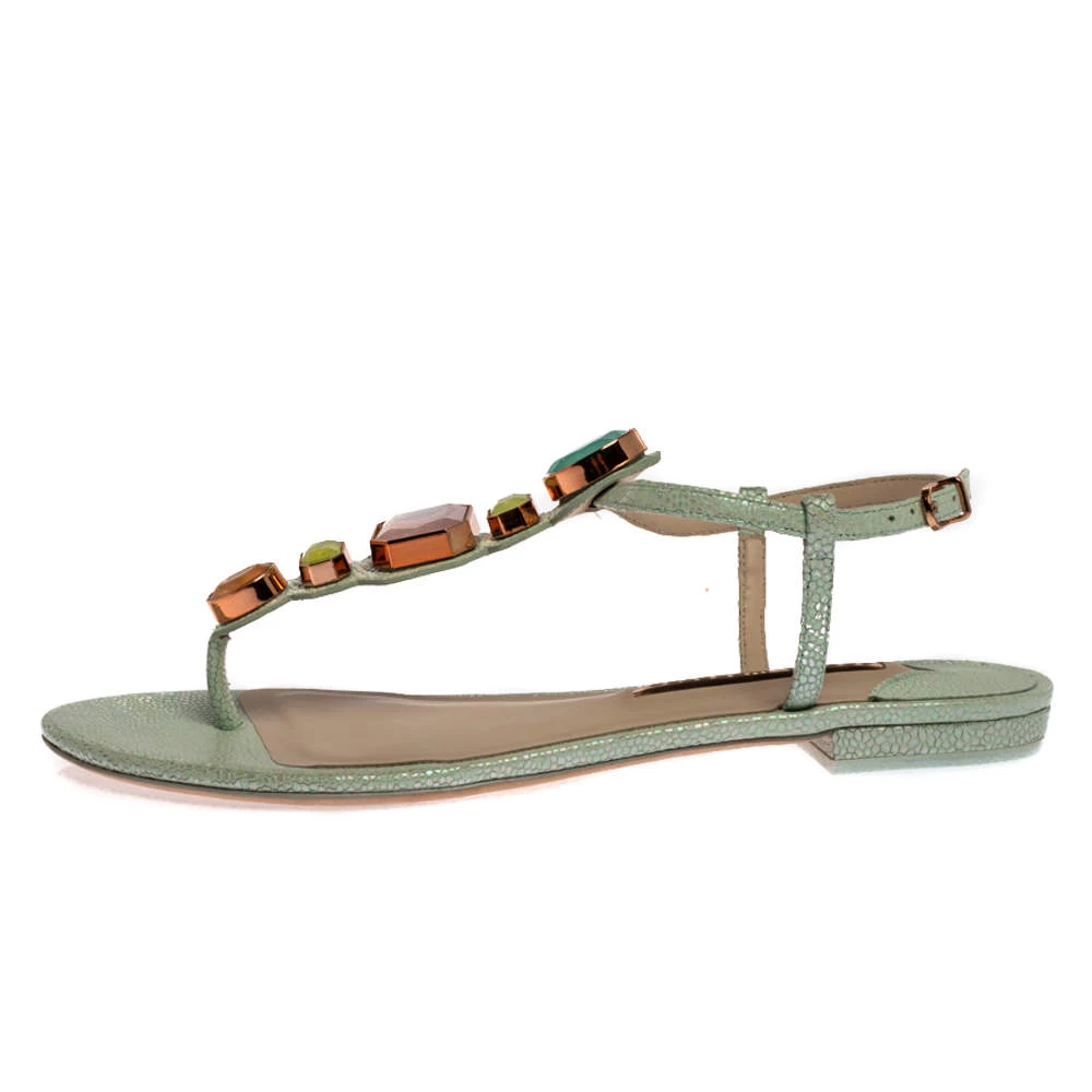 Sophia Webster Mint Green Iridescent Leather Lily Jewel Embellished Thong Sandals Size 40 For Women - Image 2