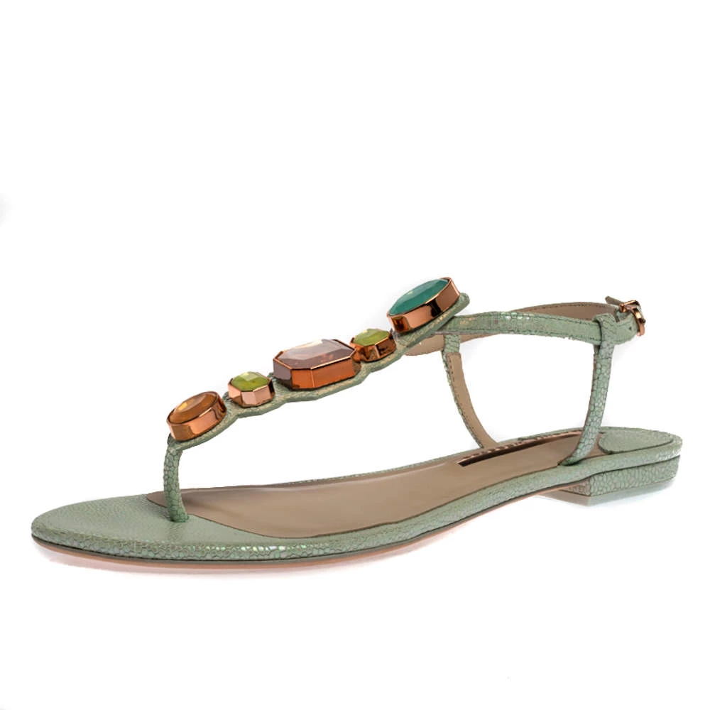 Sophia Webster Mint Green Iridescent Leather Lily Jewel Embellished Thong Sandals Size 40 For Women