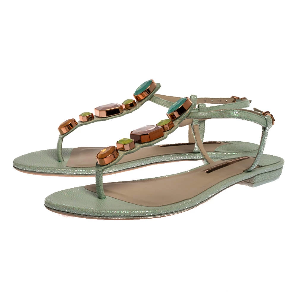Sophia Webster Mint Green Iridescent Leather Lily Jewel Embellished Thong Sandals Size 40 For Women - Image 4