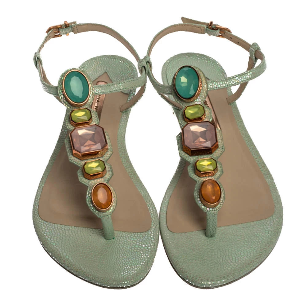 Sophia Webster Mint Green Iridescent Leather Lily Jewel Embellished Thong Sandals Size 40 For Women - Image 3