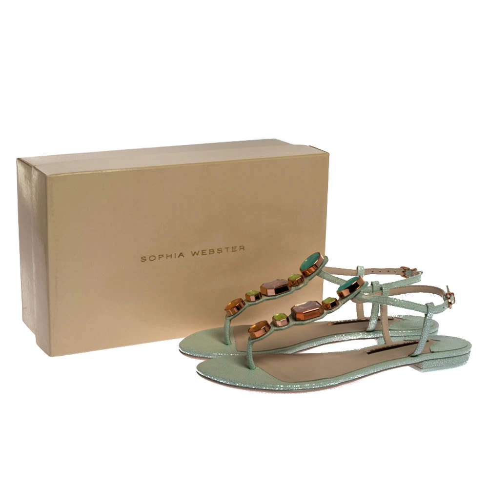 Sophia Webster Mint Green Iridescent Leather Lily Jewel Embellished Thong Sandals Size 40 For Women - Image 8