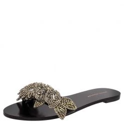 Sophia Webster Black Satin Lilico Crystal Embellished Slide Flats Size 40.5 For Women