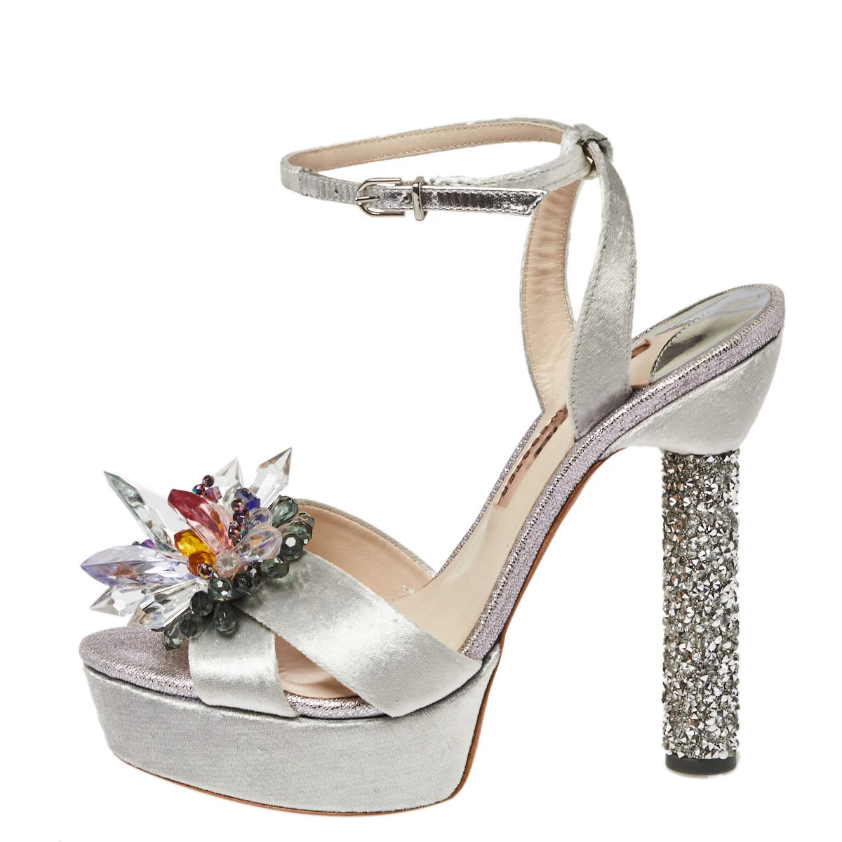 Sophia Webster Grey Velvet Glacia Embellished Platform Ankle Strap Sandals Size 39 For Women - Image 2