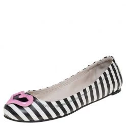 Sophia Webster White/Black Leather Miami Stripe Ballet Flat Size 38 For Women