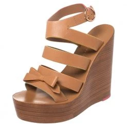 Sophia Webster Brown Leather Samara Strappy Wedge Platform Ankle Strap Sandals Size 38.5 For Women