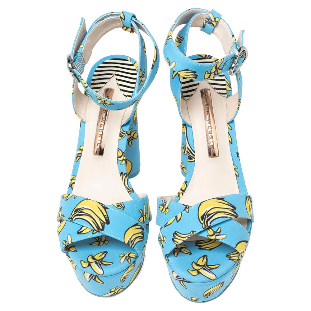 Sophia Webster Blue Banana Printed Fabric Amanda Ankle Strap Platform Sandals Size 37.5 For Women - Image 3