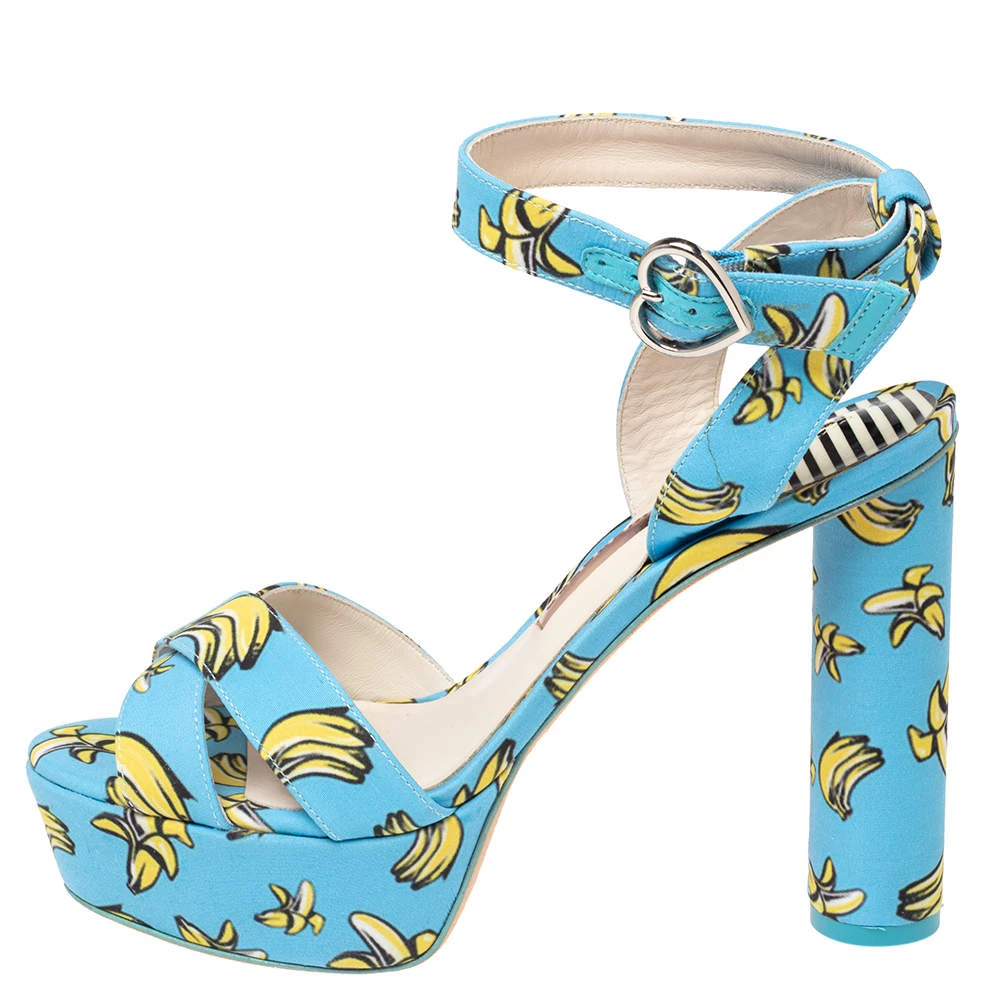 Sophia Webster Blue Banana Printed Fabric Amanda Ankle Strap Platform Sandals Size 37.5 For Women - Image 2