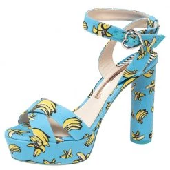 Sophia Webster Blue Banana Printed Fabric Amanda Ankle Strap Platform Sandals Size 37.5 For Women
