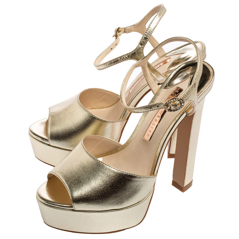Sophia Webster Gold Leather Natalia Platform Ankle Strap Sandals Size 38.5 For Women - Image 4