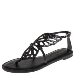 Sophia Webster Black Glitter Leather Butterfly Flat Sandals Size 38 For Women