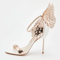 Sophia Webster Rose Gold/White Leather Evangeline Laser Cut Angel Wing Ankle Strap Sandals Size 37 For Women
