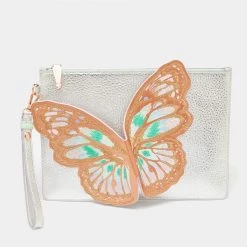 Sophia Webster Metallic Silver Leather Butterfly Wristlet Pouch For Women