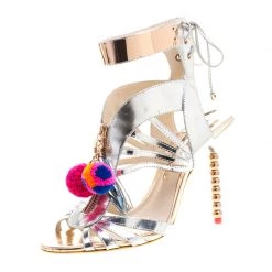 Sophia Webster Metallic Silver Mirrored Leather Yasmina Pom Pom Embellished Sandals Size 40.5 For Women