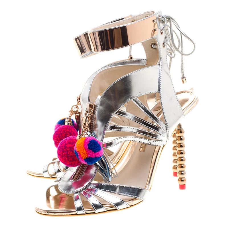 Sophia Webster Metallic Silver Mirrored Leather Yasmina Pom Pom Embellished Sandals Size 40.5 For Women - Image 4