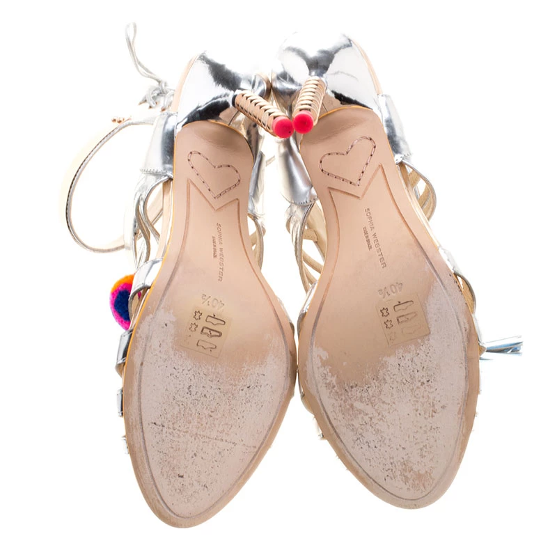 Sophia Webster Metallic Silver Mirrored Leather Yasmina Pom Pom Embellished Sandals Size 40.5 For Women - Image 6